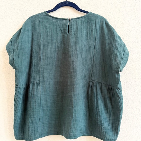 Madewell Lightspun Cuffed-Sleeve Shirred Top Green Cotton Gauzy Boxy Blouse - Picture 9 of 10